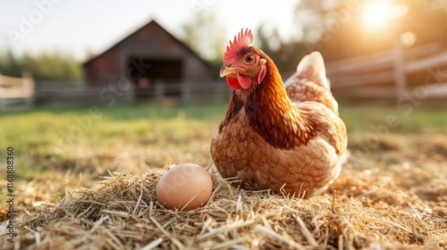 A hen proudly presents her egg bathed in golden sunlight, illustrating the beauty of rural life and the cycle of nature, with elements highlighting the softness of a farm setting. photo