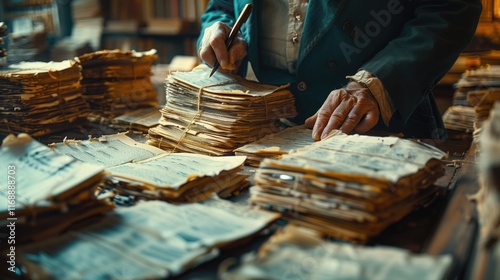 An accountant manipulating financial records to evade taxes, with a focus on falsified receipts, ledgers, and hidden income
