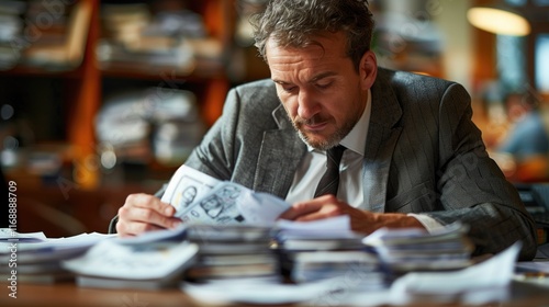 An accountant manipulating financial records to evade taxes, with a focus on falsified receipts, ledgers, and hidden income