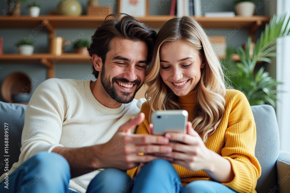 Happy Couple Enjoying Time Together on Sofa While Using Smartphone in Cozy Living Room Perfect for Advertising Relationship Products Happy Couple Enjoying Time Together on Sofa While Using Smartphone in Cozy Living Room Perfect for Advertising Relationship Products