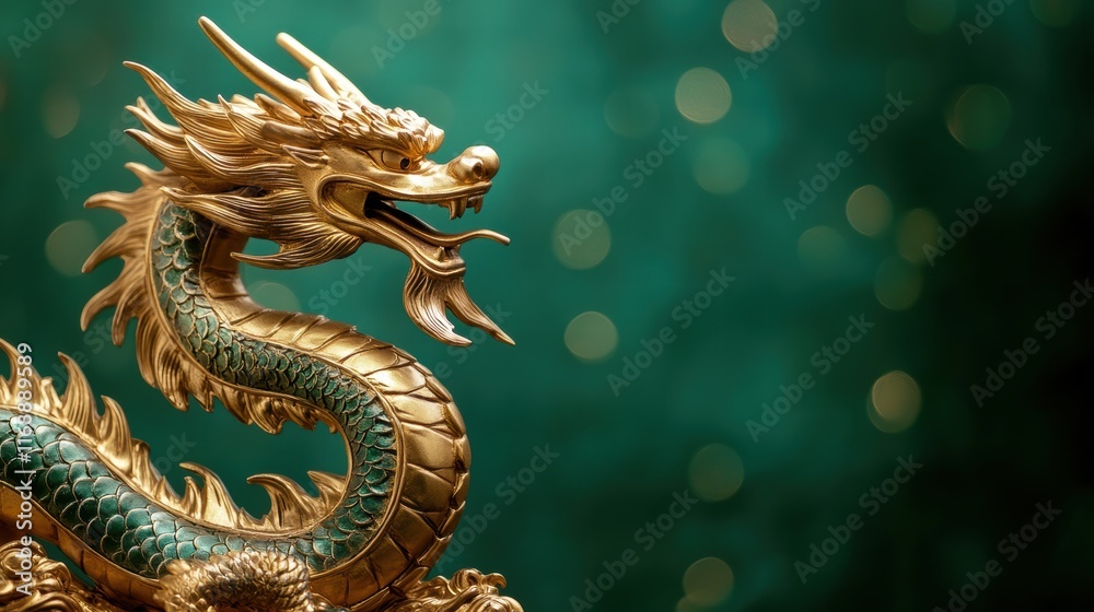 Fototapeta premium Golden-green sacramento chinese dragon statue on a dark green background with copy space