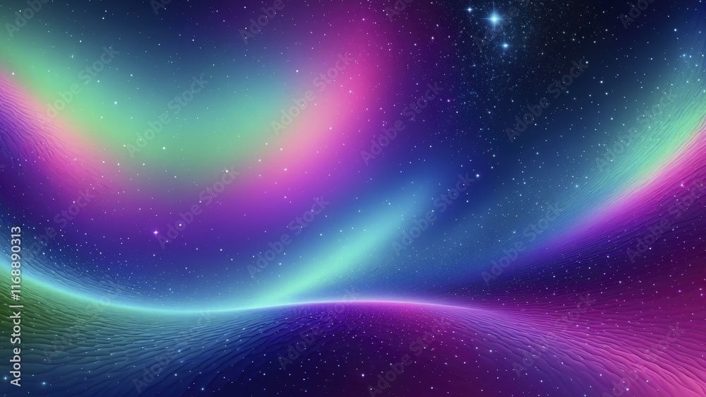 Digital artwork depicting a cosmic scene with a starry sky, aurora borealis, and glowing iridescent terrain