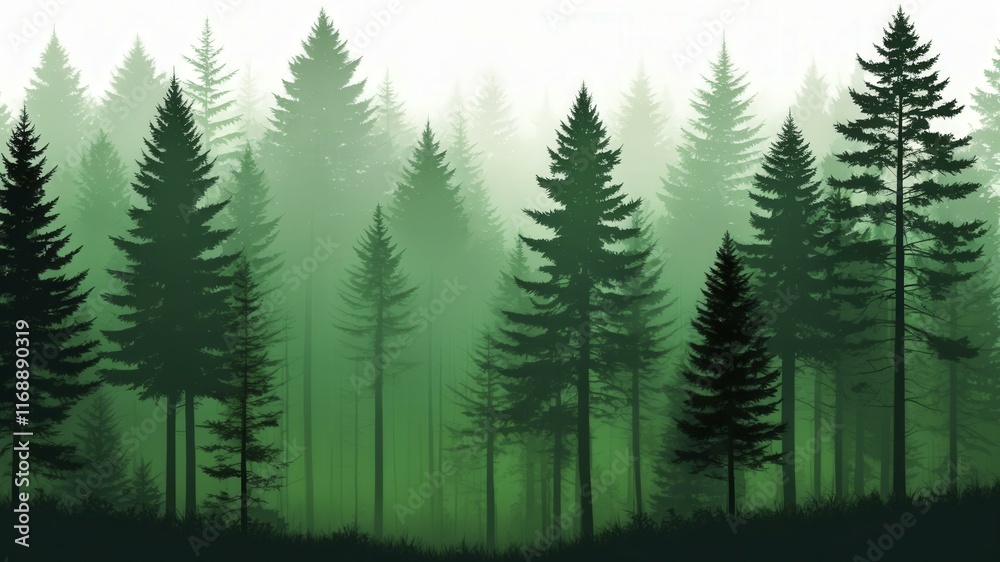 Fototapeta premium Digital artwork of a misty forest scene with slender pine trees, evoking tranquility and mystery