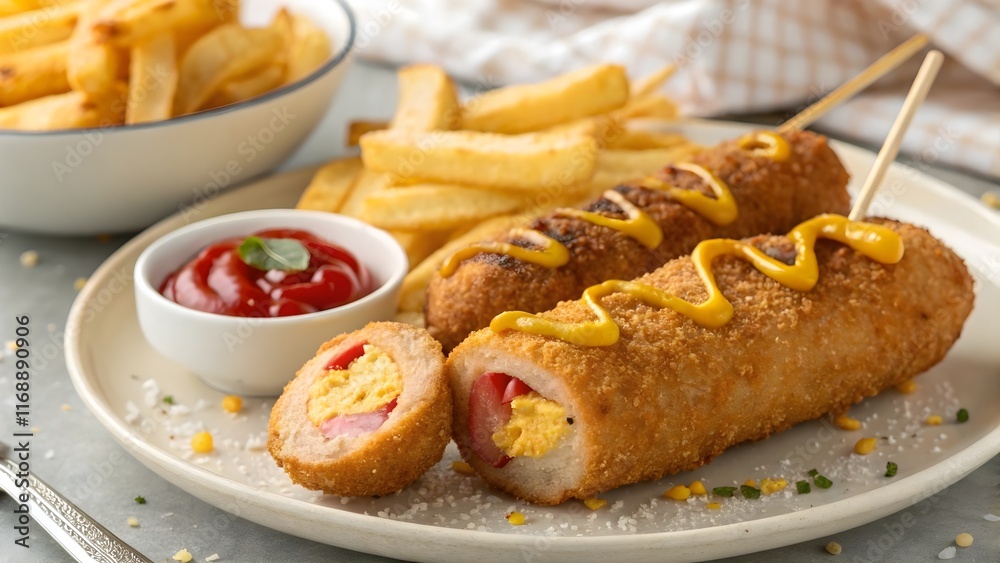 Crispy corn dogs served with fries and condiments Crispy corn dogs served with fries and condiments
