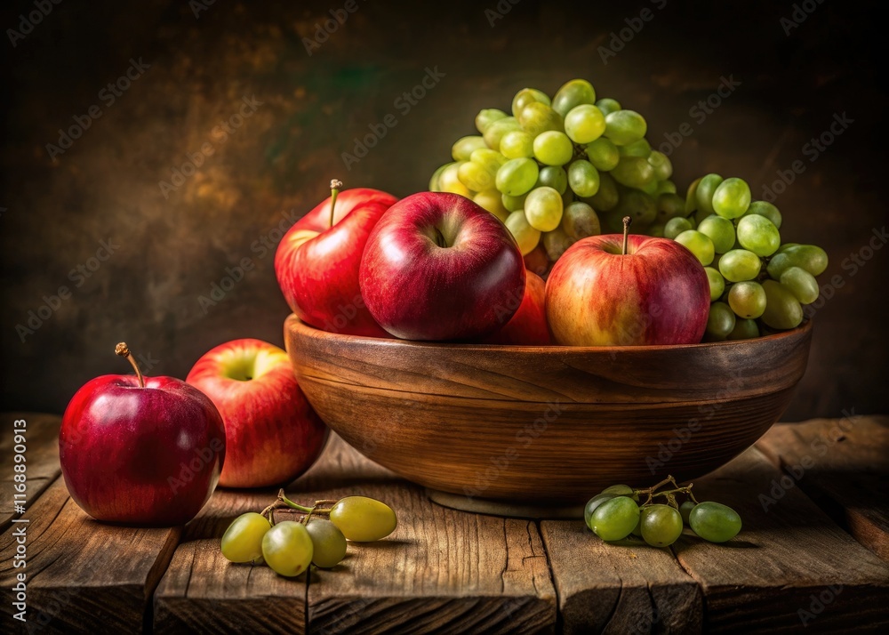 A photorealistic fine art print: a close-up of a still life; autumn harvest fruits in rich, vibrant colors, dark and moody. A photorealistic fine art print: a close-up of a still life; autumn harvest fruits in rich, vibrant colors, dark and moody.