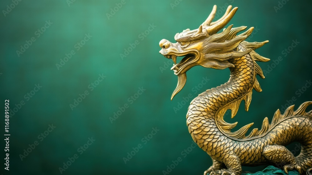 Fototapeta premium Golden-green sacramento chinese dragon statue on a dark green background with copy space