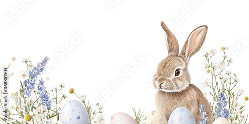 Easter banner with a bunny and painted colorful eggs isolated on transparent background. Happy Easter banner for advertisement, header, easter rabbit, egg, and spring flowers, copy space