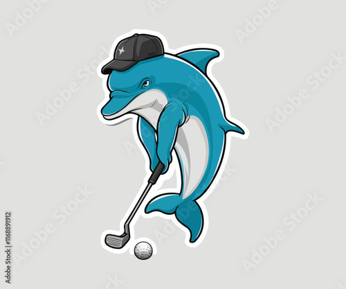 A digitally drawn cut-out sticker of a golfing dolphin, intently focused on hitting a golf ball