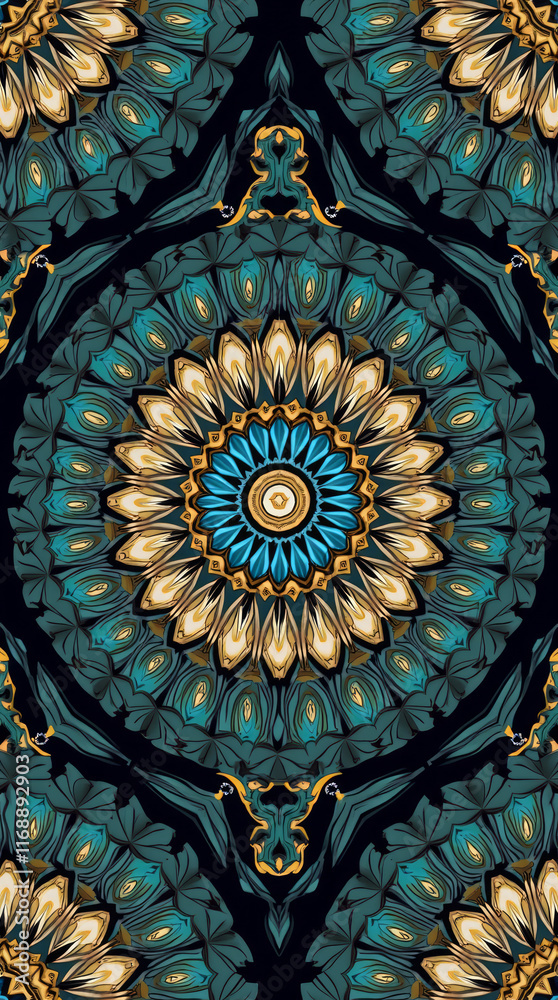Abstract Mandala Pattern with Intricate Geometric Designs in Gold and Teal Set on a Deep Navy Background – Phone Wallpaper HD Abstract Mandala Pattern with Intricate Geometric Designs in Gold and Teal Set on a Deep Navy Background – Phone Wallpaper HD