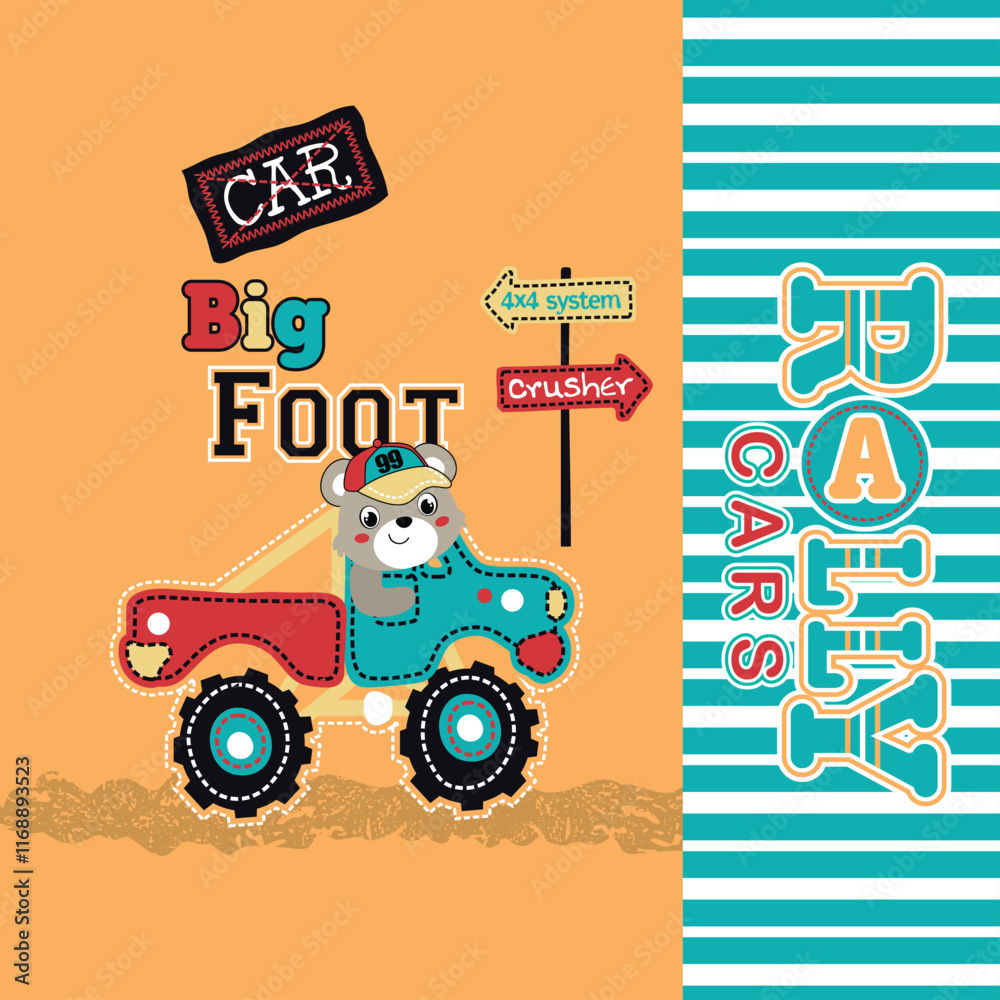 Naklejka premium Adorable bear vector illustration driving a large truck on a fun adventure.
