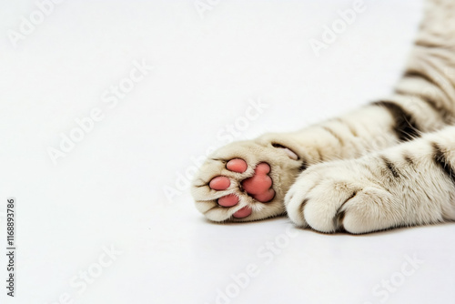 Cat paws with soft pink pads on a white background. photo