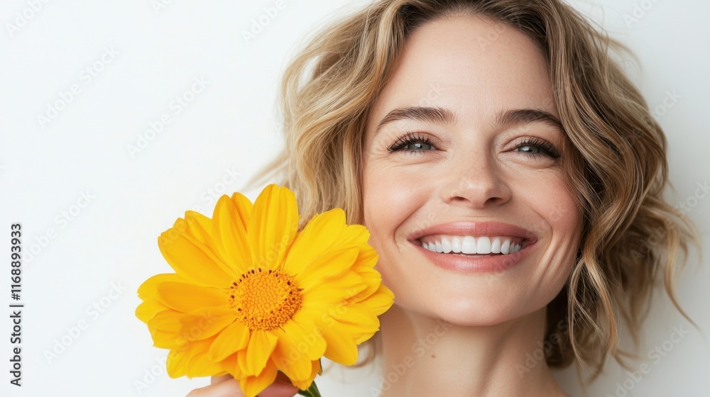 Cheerful Woman Smiling with Yellow Flower Against White Background Cheerful Woman Smiling with Yellow Flower Against White Background
