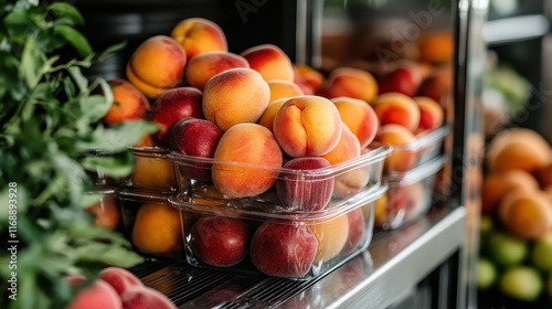 A vibrant display of fresh peaches and apples stacked in clear containers, showcasing the appeal of natural produce in a grocery store setting for customers to enjoy. photo