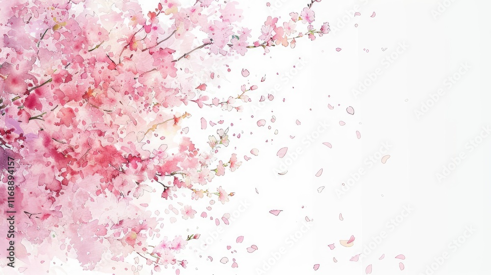 Naklejka premium Pink cherry blossoms floating down from the sky above a pure white background in anime-inspired watercolor style. High resolution and clear details presented charmingly.
