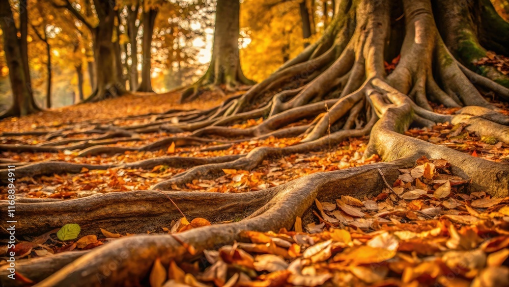 Fototapeta premium Autumn's minimalist touch: exposed roots, fallen leaves, earthy tones, fall's quiet beauty.