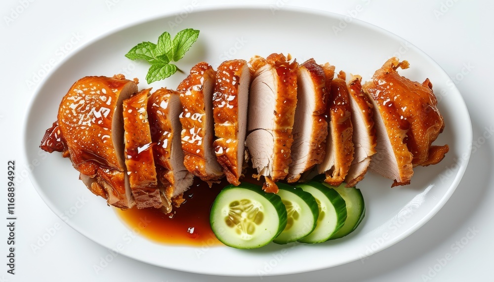 Crispy Duck with Glaze and Cucumber Slices Served on a White Plate from Top Down View Crispy Duck with Glaze and Cucumber Slices Served on a White Plate from Top Down View