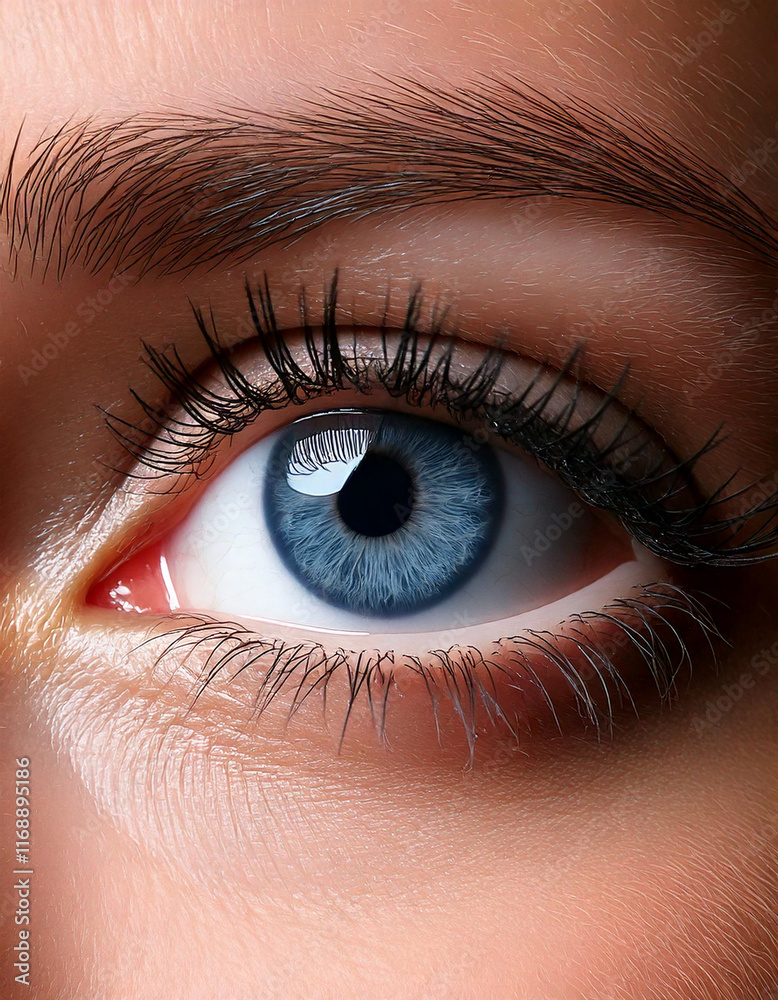 Fototapeta premium Female Blue Eye With Long Lashes Close Up. Human Eye Macro Detail. 
