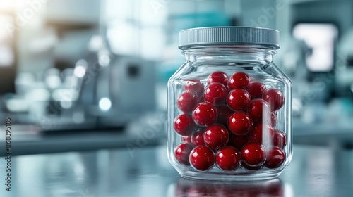 A clear glass jar displays an arrangement of glossy red balls, reflecting light and showcasing the allure of simple, vibrant objects in a modern setting. photo