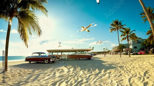 Vintage 1950s diner on a sandy beach surrounded by classic cars and palm trees under a bright sky
