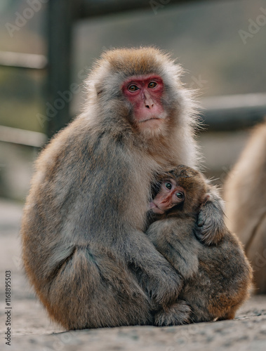 Macaques at Jigokudani Snow Monkey Park in Nagano, Japan photo