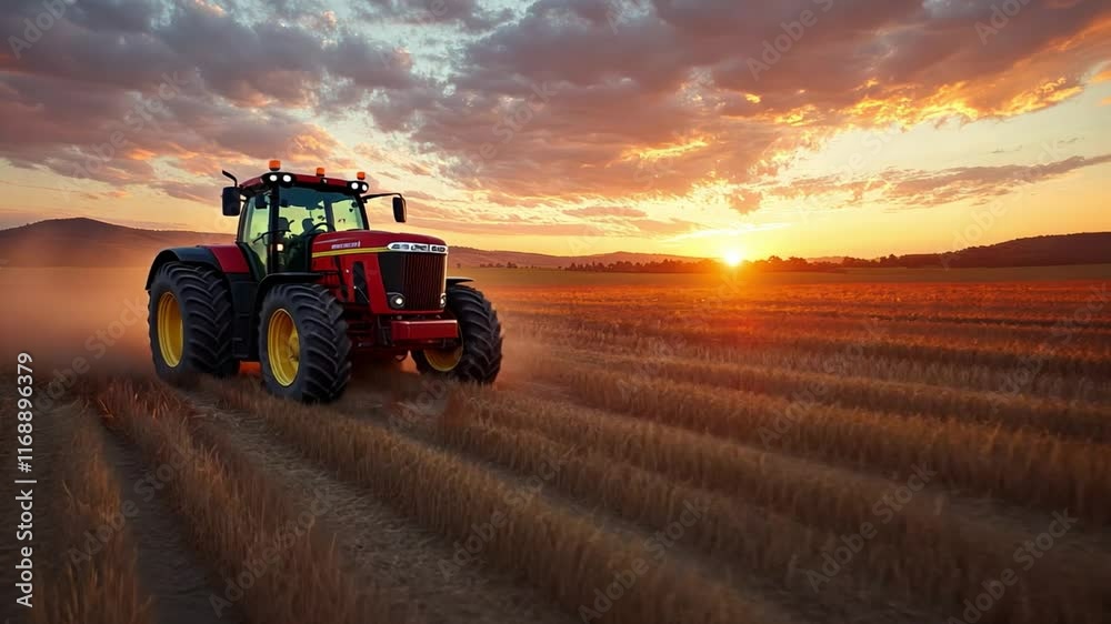 A red tractor is driving through a field of dry grass A red tractor is driving through a field of dry grass