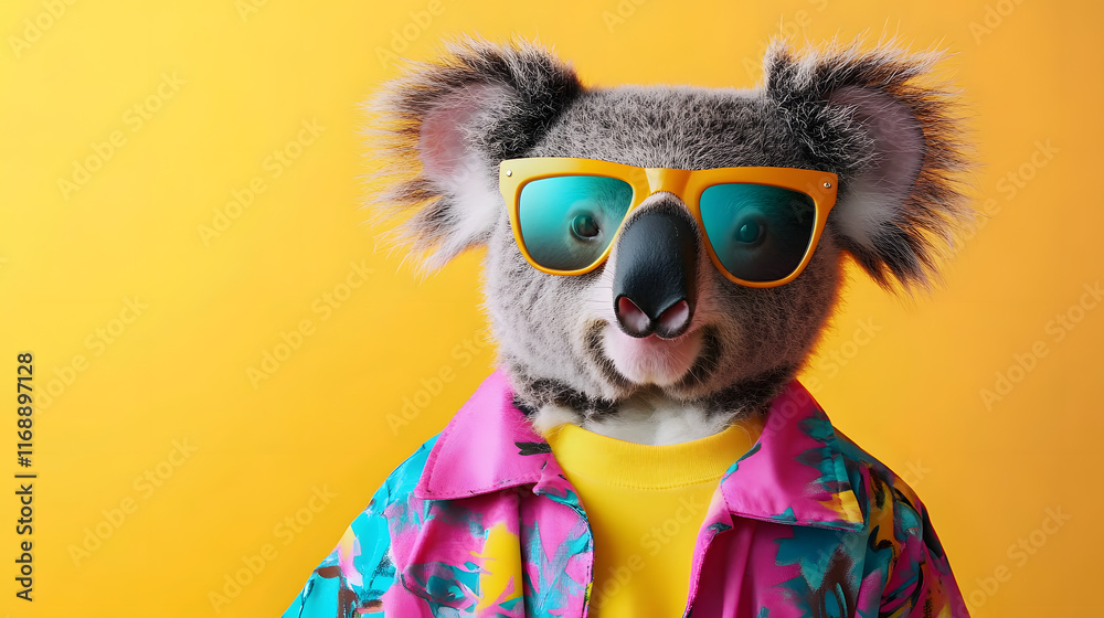 Fototapeta premium Creative animal concept. Koala, vibrant bright fashionable outfits isolated on solid background advertisement with copy space. birthday party invite invitation banner