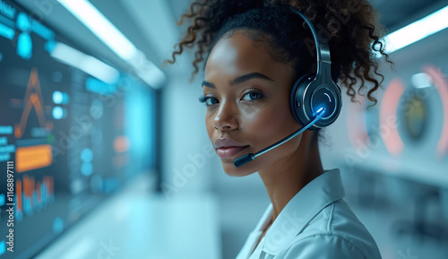 The idea of an AI call center and communication innovation are symbolized by a futuristic woman wearing a smart headgear that blends technology and human interaction. 
