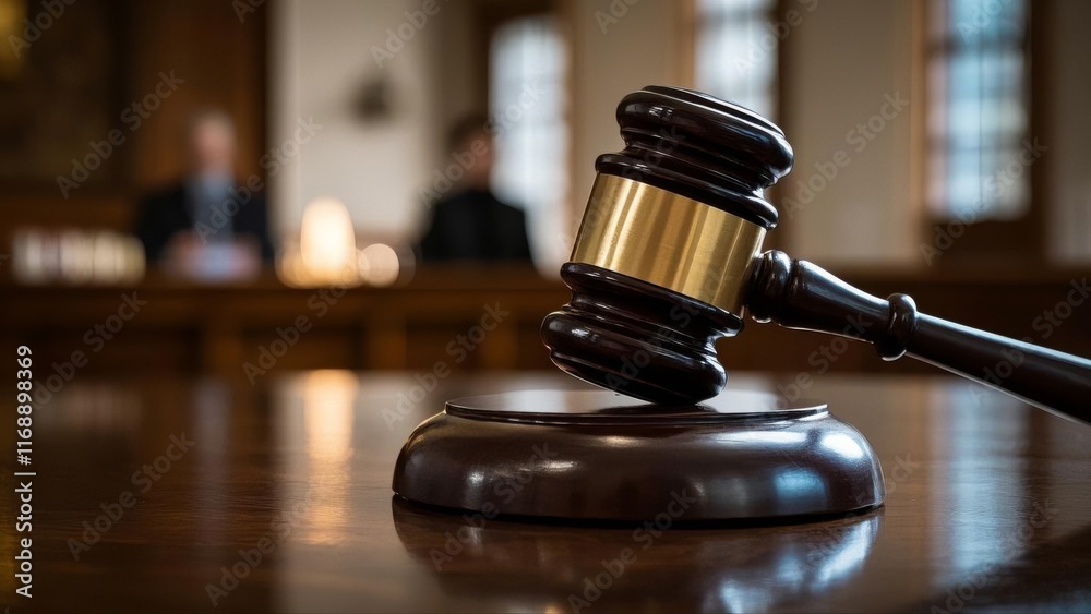 Courtroom scene featuring a judge's gavel on the desk, symbolizing justice, authority, and the administration of the law in a formal legal setting. Courtroom scene featuring a judge's gavel on the desk, symbolizing justice, authority, and the administration of the law in a formal legal setting.