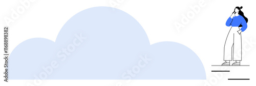 Woman in blue sweater and white pants stands thoughtfully next to a large, light blue cloud shape. Ideal for thinking, creativity, future planning, imagination, dreaming, problem-solving, vision