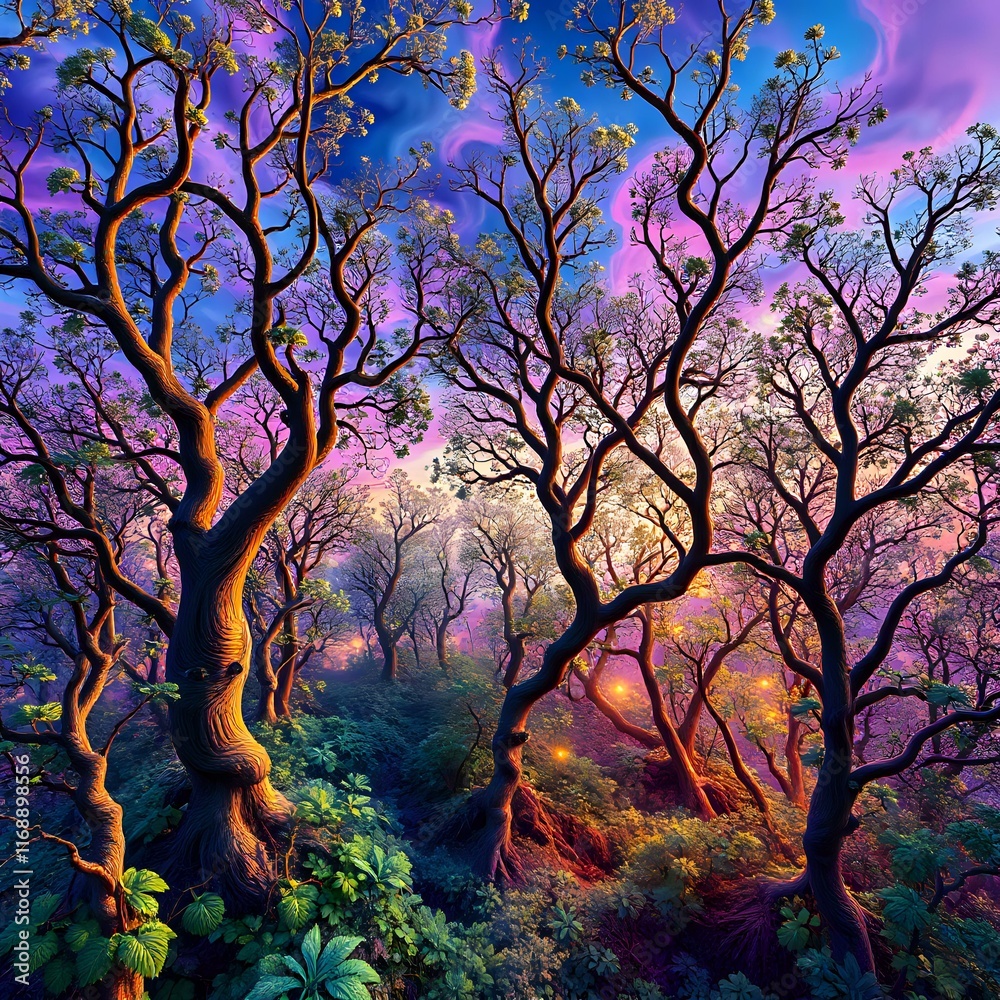 Vibrant Surreal Forest Landscape with Mystical Fractal Patterns Vibrant Surreal Forest Landscape with Mystical Fractal Patterns