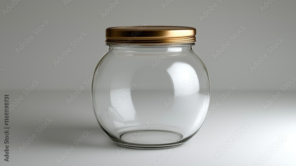 Empty round glass jar with gold lid on white background, studio shot. Empty round glass jar with gold lid on white background, studio shot.