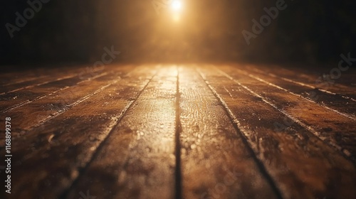 Empty wooden floor with spotlight in dark room, product placement.