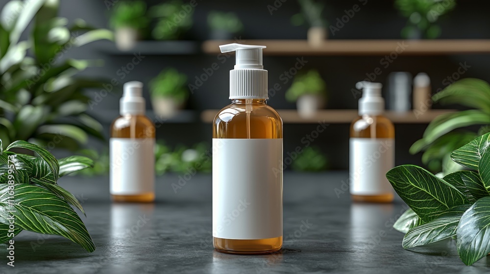Amber bottle with pump dispenser and blank label, surrounded by lush green plants on a dark surface. Amber bottle with pump dispenser and blank label, surrounded by lush green plants on a dark surface.