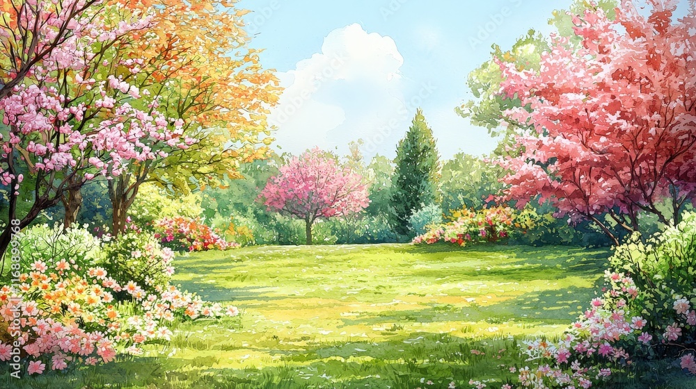 Naklejka premium A vibrant landscape featuring blossoming trees and colorful flowers under a bright sky, creating a serene and picturesque natural scene.