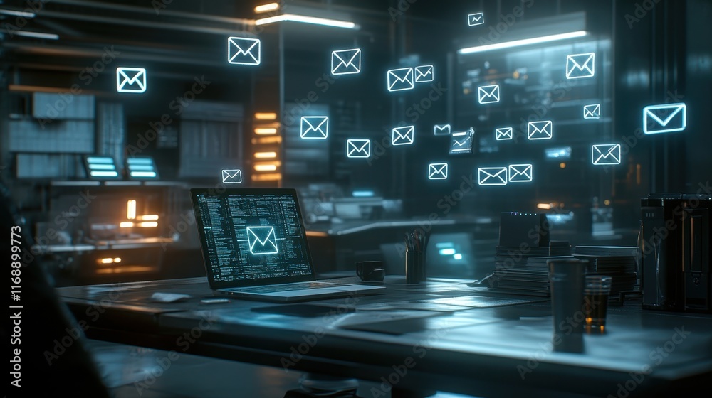Futuristic Office Desk with Digital Email Notifications Floating Futuristic Office Desk with Digital Email Notifications Floating