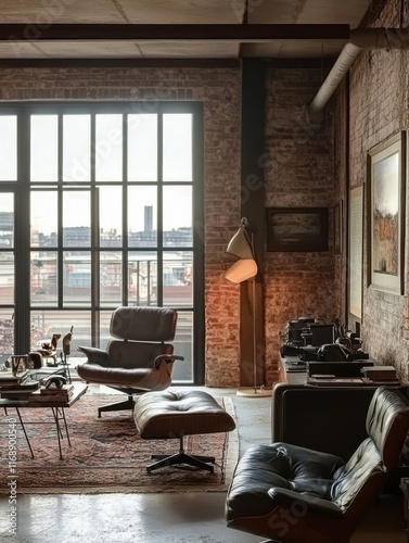 Leather Lounge Chairs in a Brick Loft Apartment