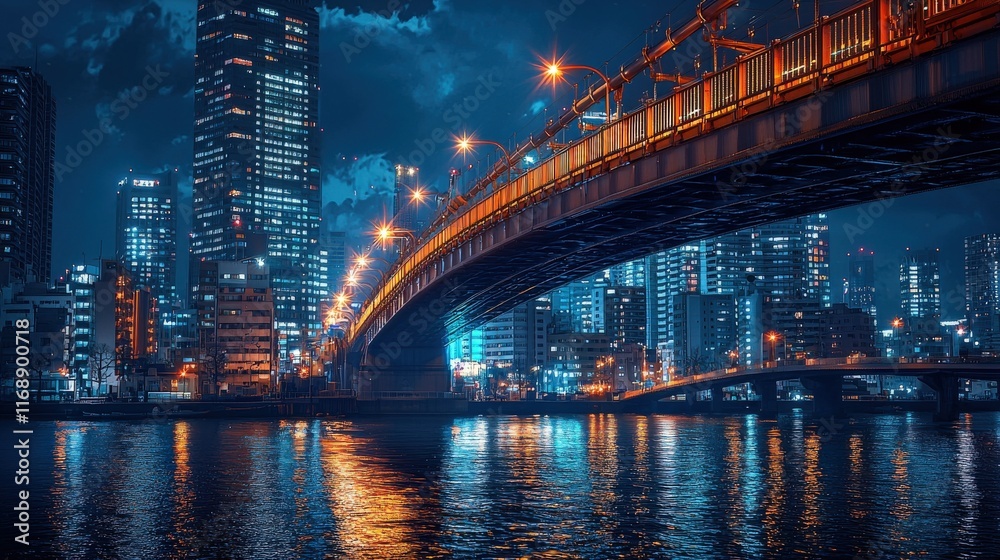 Naklejka premium A vibrant urban scene featuring a bridge illuminated at night, reflecting in the water with towering skyscrapers in the background.