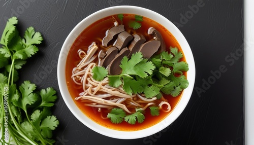 Fresh Duck Blood Soup Garnished with Herbs in a Stylish Bowl Over Dark Background photo