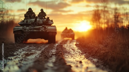 Military tanks move through muddy terrain as the sun sets, creating a powerful image of determination and the stark realities of conflict in a beautiful twilight setting. photo