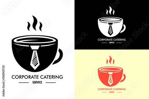 illustration of a coffee cup with a office tie, steams, business catering, caterer, corporate catering, meeting, wedding catering, wedding menu, event management, event planner, abstract logo