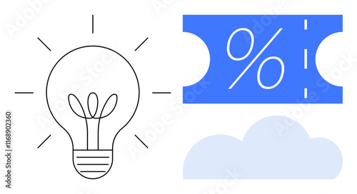 Lightbulb, percentage discount ticket, and cloud symbol. Ideal for concepts thumbs up innovation, savings, cloud computing, new ideas, efficiency digital solutions business growth. Abstract line
