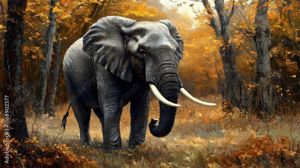Fototapeta premium A majestic elephant stands amidst vibrant autumn foliage, showcasing nature's beauty and the grandeur of wildlife in a serene forest setting.