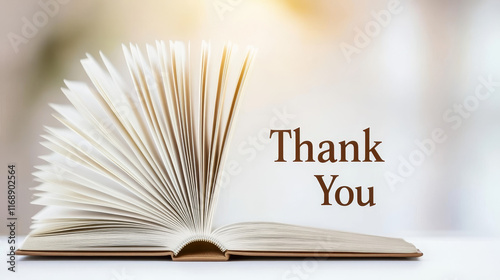 A thank you book rests open on a table in a library, softly lit by afternoon light