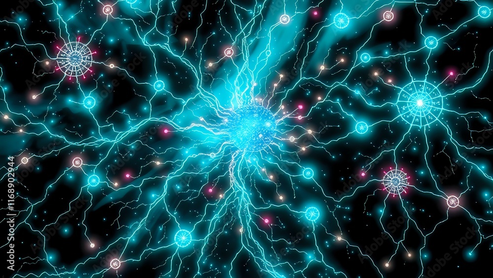 Fototapeta premium Bioluminescent Neural Network: Cybernetic Art Nouveau in Motion