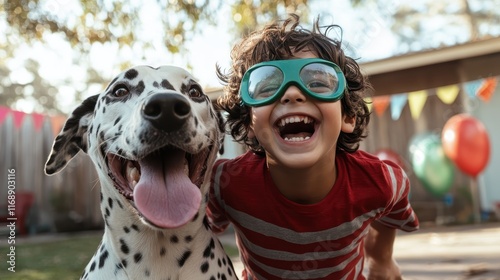 A joyful child wearing oversized goggles laughs with his playful dalmatian as they celebrate in a vibrant outdoor party setting filled with balloons, colors, and laughter. photo