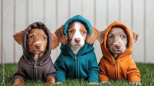 Three distinct puppies in vibrant hoodies display their unique personalities while lying on the grass, capturing a moment of tranquility and adorableness in nature. photo