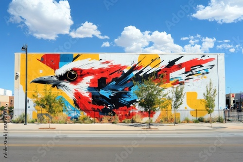 Colorful bird mural painting urban art on building exterior wall