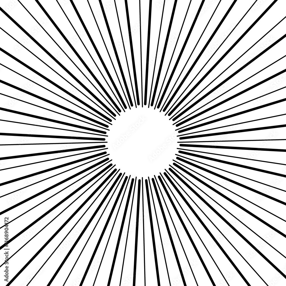Obraz premium Circular radial black lines with depth effect. Geometric graphics, sunshine symbol, abstract, spiral, logo. 