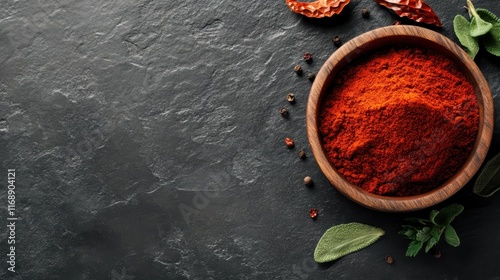 This image showcases a rustic wooden bowl filled with bright red paprika powder, surrounded by colorful dried chili peppers on a dark stone surface. photo