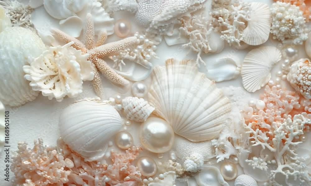 Delicate arrangement of seashells, coral, starfish, and pearls in soft white tones, creating a coastal and elegant design. Delicate arrangement of seashells, coral, starfish, and pearls in soft white tones, creating a coastal and elegant design.